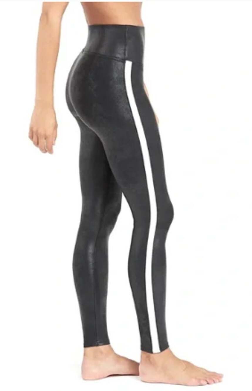 Spanx Faux Leather Side Stripe Leggings Black White High Rise Women's Size M